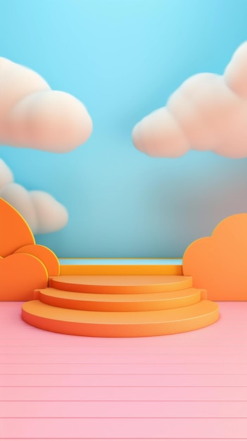 3D-Rendering-Podium im Kinderstil, bunter Hintergrund, Wolken und Wetter mit leerem Raum