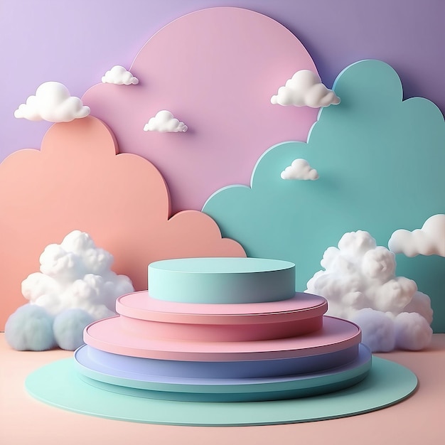 3D-Rendering-Podium-Kind-Stil mit farbiger pastellfarbener Hintergrundwolken und Wetter mit Platz für Kinder oder Baby-Produkt