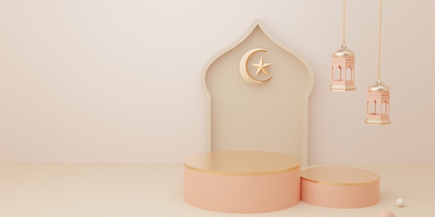 3D-Rendering-Podiumanzeige des Produkt-Eid-Mubarak-Verkaufskonzepts