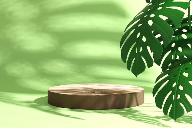 3D-Rendering Podiumsständer aus Holz mit Naturstein mit grünem Pflanzensockel für Markenproduktausstellung Mockup-Vorlage für Anzeigendesign
