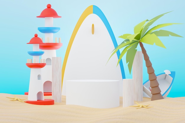 3D-Rendering Podiumsständer für den Sommerverkauf zur Präsentation von Produkten Beach Vacations Scene im Sommer für Mock-up