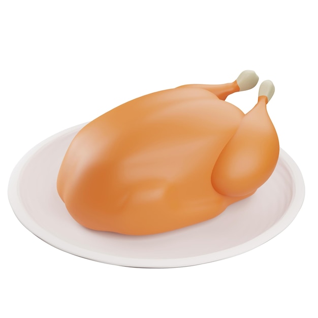 3D rendering pollo asado sobre fondo blanco.