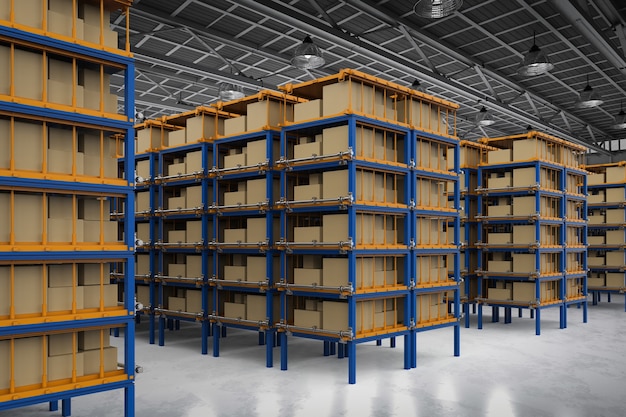 3D-Rendering-Racks voller Kartons im Lager