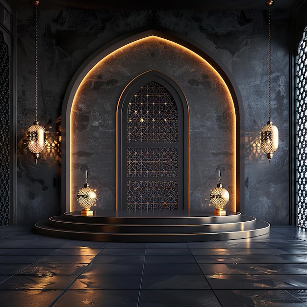 3d rendering ramadan kareem lâmpadas de fundo em e pódio