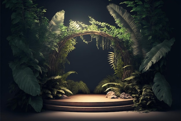 3D-Rendering realistische Podiumsbühne im Dschungel, Sonnenstrahl, generative KI