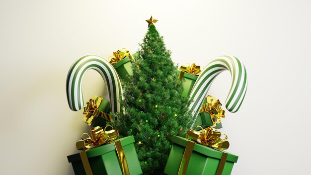 3d-rendering realistischer grüner hintergrund der frohen weihnachten mit baum und geschenkbox