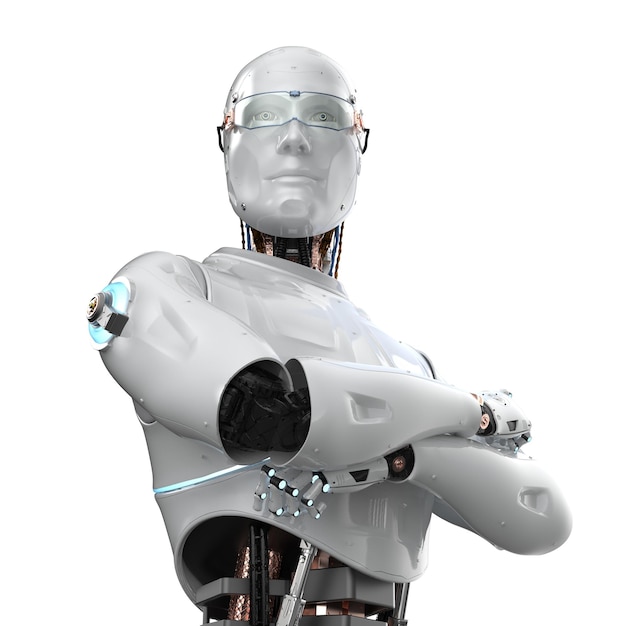 3D rendering retrato robot o cyborg brazo cruzado aislado en blanco