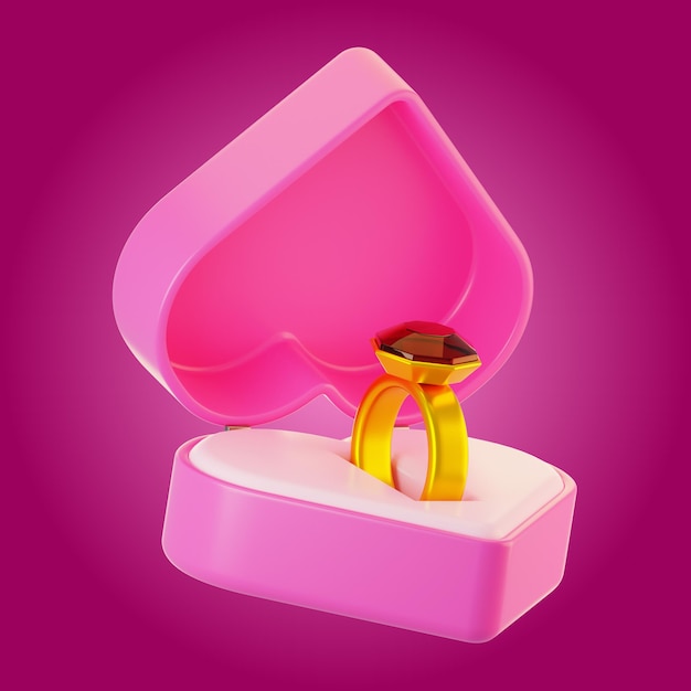 Foto 3d-rendering-ring-box-ikonen mit cartoon-stil valentinstag-iconen-konzept