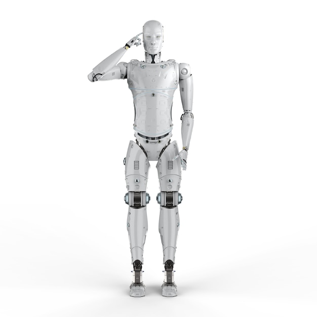 3D rendering robot humanoide pensando o computando sobre fondo blanco.