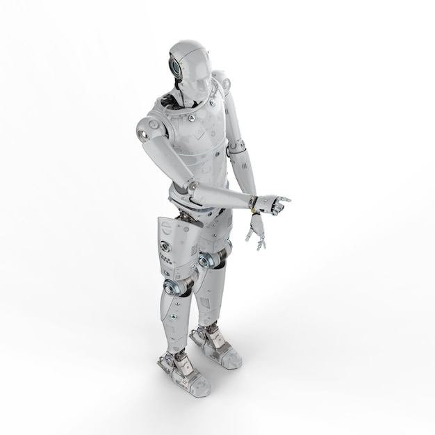 3D rendering robot humanoide punto de dedo sobre fondo blanco.