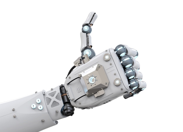 3D rendering robot mano pulgar hacia arriba sobre fondo blanco.
