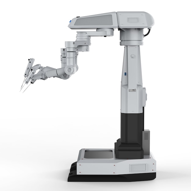 3D-Rendering Roboter-Chirurgie-Maschine auf weißem Hintergrund