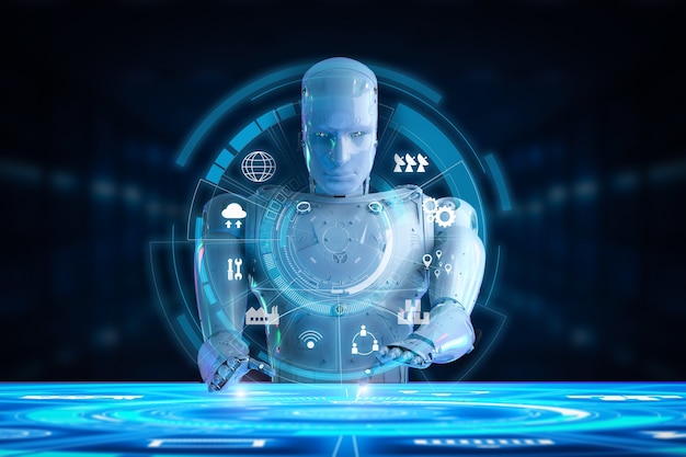 3D-Rendering-Roboter, der mit Hud-Display arbeitet