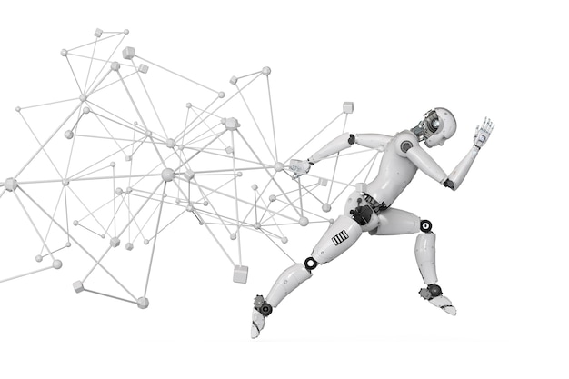 3D-Rendering-Roboter, der mit Verbindungsstruktur läuft