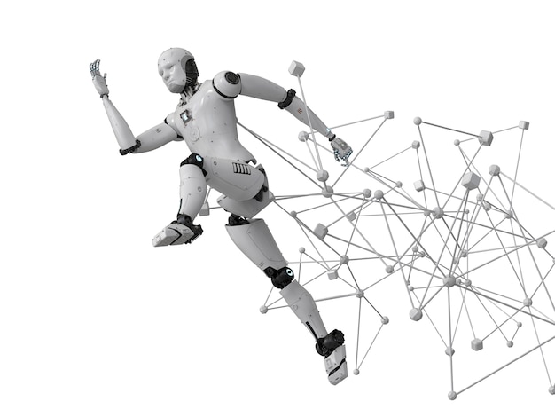 3D-Rendering-Roboter, der mit Verbindungsstruktur läuft