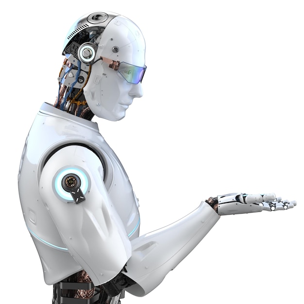 3D-Rendering-Roboter für künstliche Intelligenz oder Cyborg mit leerer Hand isoliert auf Weiß
