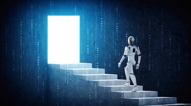 3D-Rendering-Roboter-Humanoide gehen die Treppe zum Erfolg hinauf