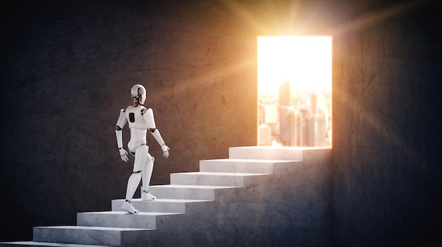 3D-Rendering-Roboter-Humanoide gehen die Treppe zum Erfolg hinauf
