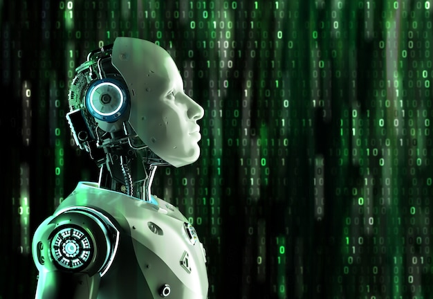 3D-Rendering Roboter oder Cyborg der künstlichen Intelligenz auf Matrixhintergrund