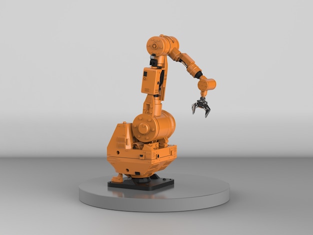 3D-Rendering-Roboterarm auf grauem Hintergrund