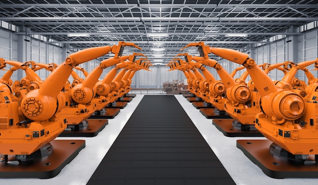 3D-Rendering-Roboterarme mit Förderband in der Fabrik