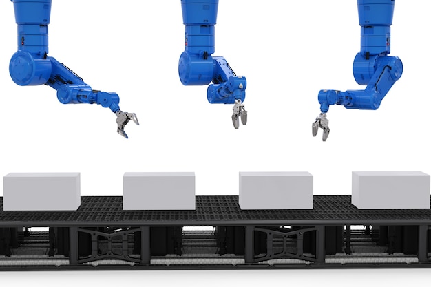 3D-Rendering-Roboterarme mit Kisten auf der Förderlinie in der Fabrik