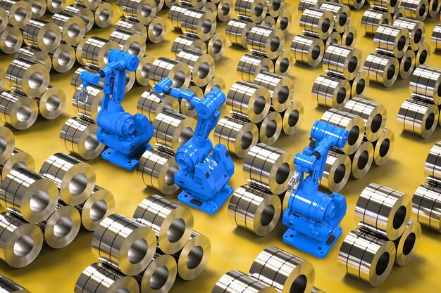 3D-Rendering-Roboterarme mit Stahlblechrolle in der Fabrik