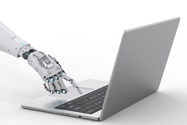 3D-Rendering-Roboterhand, die mit Computer-Notebook arbeitet