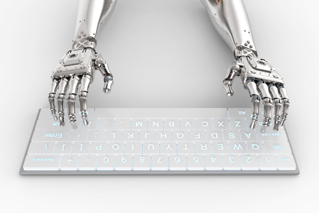3D-Rendering-Roboterhand, die mit Computertastatur arbeitet