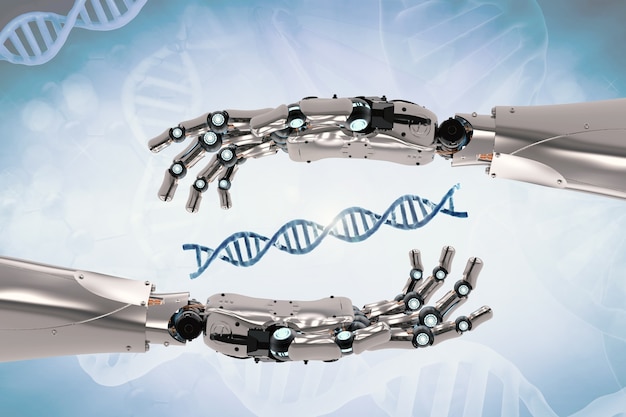 3D-Rendering Roboterhand mit DNA-Helix