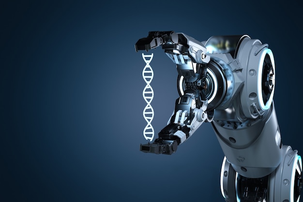 3D-Rendering Roboterhand mit DNA-Helix