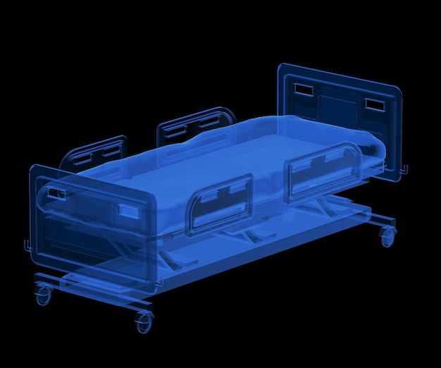 3D-Rendering Röntgen elektrisches Krankenhausbett isoliert auf schwarzem Hintergrund