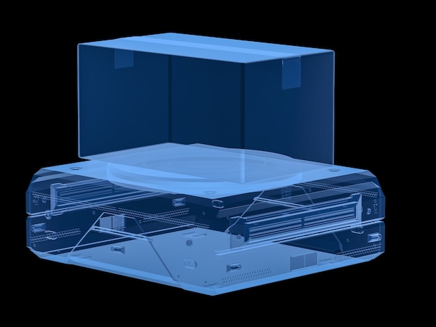 3D-Rendering-Röntgen-Lagerroboter tragen Karton isoliert auf Schwarz