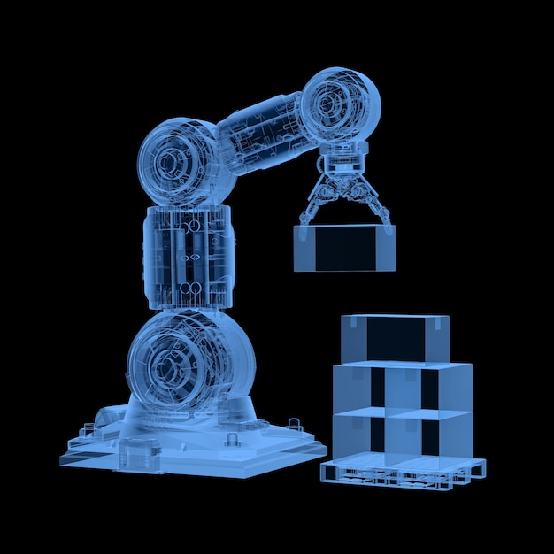 3D-Rendering-Röntgenroboterarm mit Kartons auf schwarzem Hintergrund