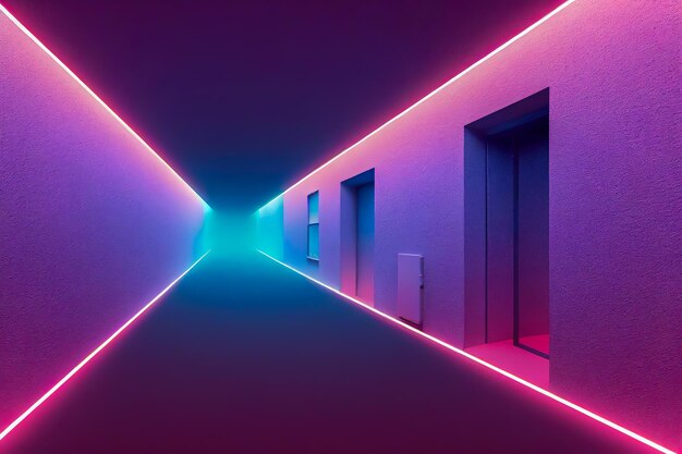 3D-Rendering, rosa blaue Neonlinien, geometrische Formen, virtueller Raum, ultraviolettes Licht, Stil der 80er Jahre,