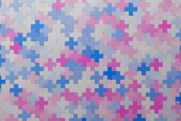 3D-Rendering Rosa und blaues Muster von Kreuzen verschiedener Formen Minimalistisches Muster einfacher Formen Helle kreative symmetrische Textur