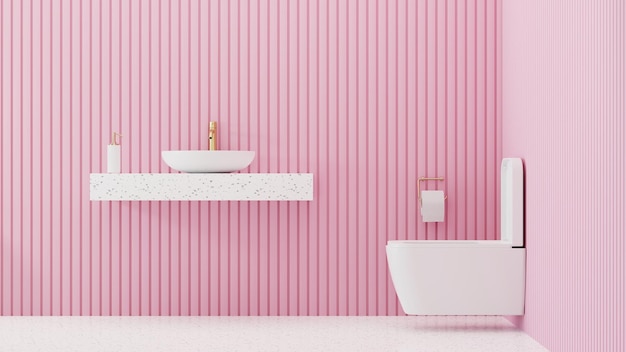 Foto 3d-rendering rosa wand in der toilette weiße toilettenschüssel in der toilette