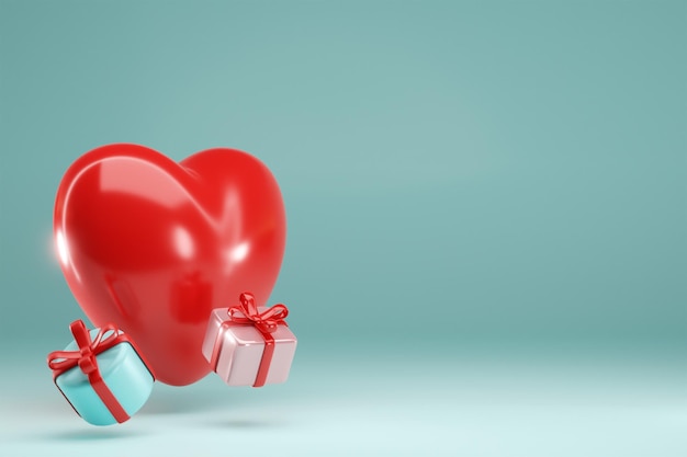 3D-Rendering Roter Herzballon und Geschenkbox auf blauem Hintergrund Design für Valentinstag-Design