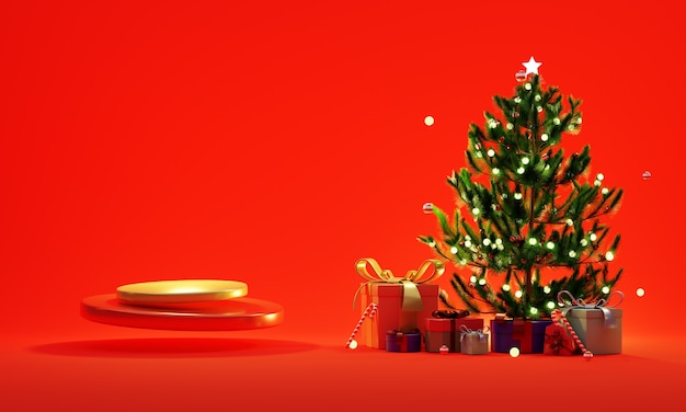 3D-Rendering roter Hintergrund mit Podiumsvitrine Produkt Weihnachten