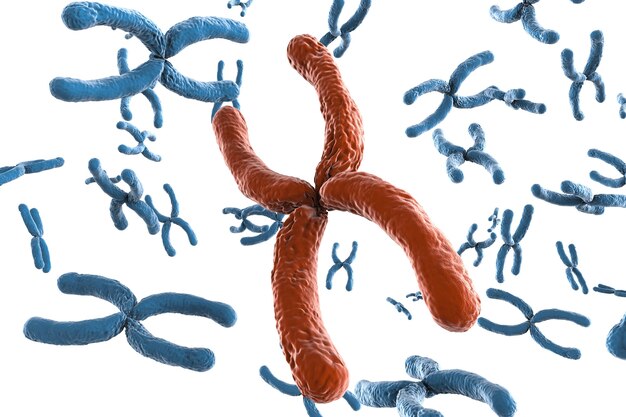 3D-Rendering rotes Chromosom mit vielen blauen Chromosomen auf weißem Hintergrund