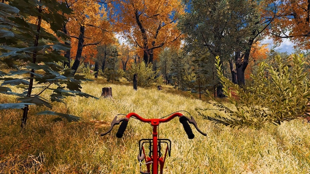 3D-Rendering rotes Fahrrad im digitalen Umfeld über nachhaltige Entwicklung