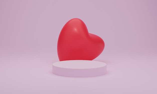 3D-Rendering Rotes Herz auf rosa Podium auf pastellfarbenem Hintergrund zum Valentinstag