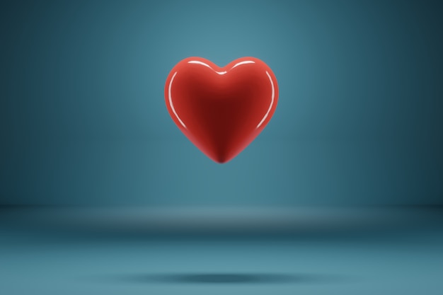 3D-Rendering Rotes Herz fliegt auf einem blauen Hintergrund.