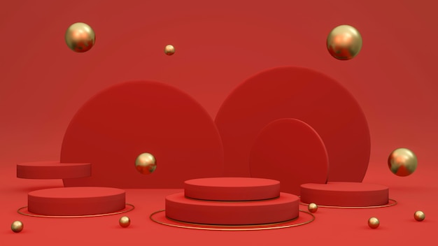 3D-Rendering rotes Podium Produktstanddisplay mit goldenen Elementen für kommerzielles Design