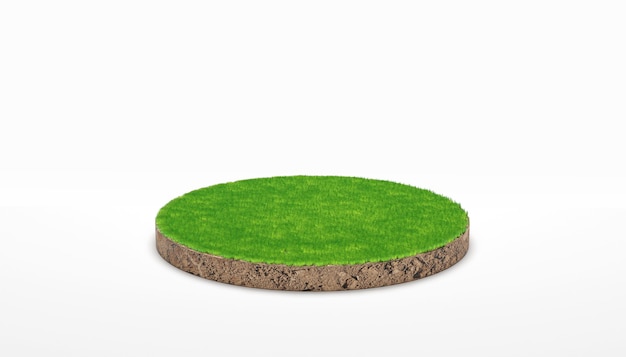 3D-Rendering. Runder Bodengrundquerschnitt mit grünem Gras auf weißem Hintergrund.