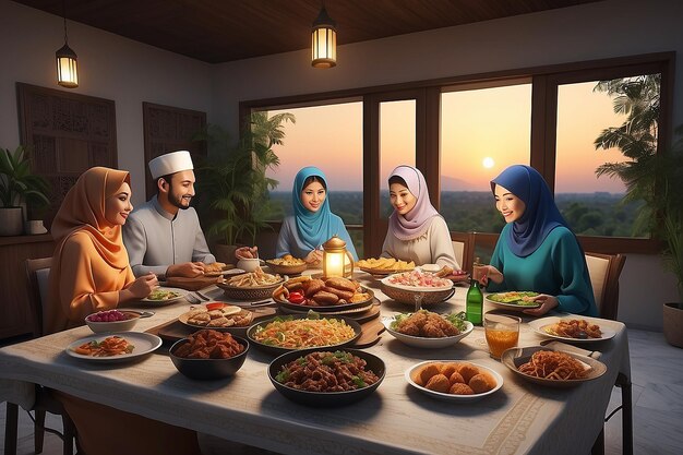 3D-Rendering Sahur und Iftar mit der Familie