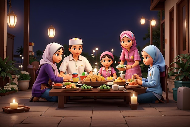 3D-Rendering Sahur und Iftar mit der Familie