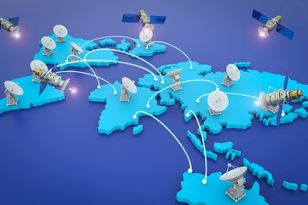 3D-Rendering-Satellitenschüsseln für die globale Kommunikation