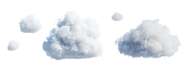 3D-Rendering-Satz abstrakter, flauschiger Wolken, isoliert auf weißem Hintergrund, Cumulus-Clip-Art-Sammlung