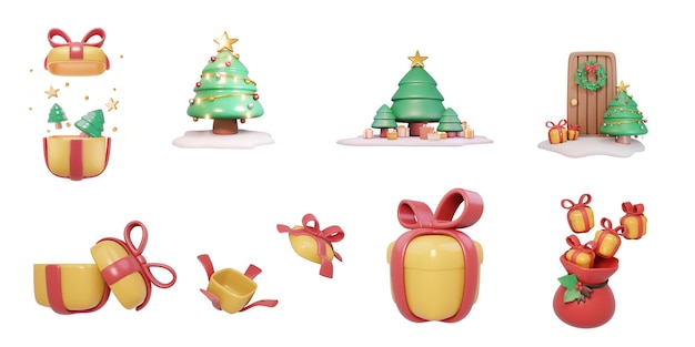 Foto 3d-rendering satz von weihnachtsartikeln für kartendekoration weihnachtsbaumkranz geschenkkonzept von weihnachtssymbolen isoliert auf weißem 3d-render-cartoon-stil
